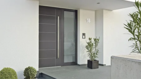 Moderne Eingangstür mit Edelstahlgriff und Pflanzen neben der Tür.