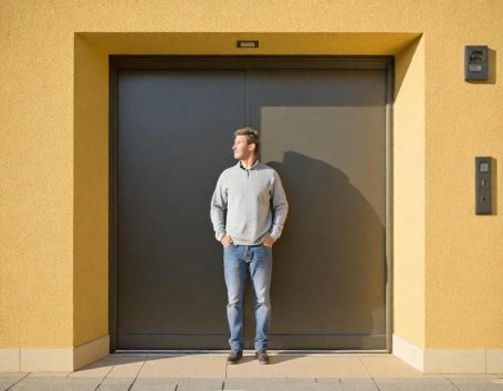 Mann in einem grauen Oberteil steht vor einer gelben Wand mit einem großen Tor.